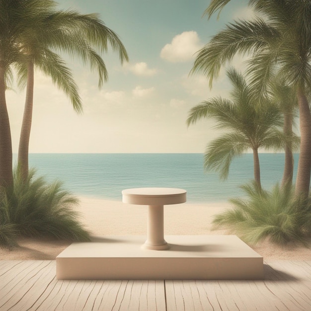 Natural summer beach backdrop with podium and palm tree for product display background