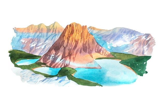 Natural summer beautiful mountain landscape watercolor illustration