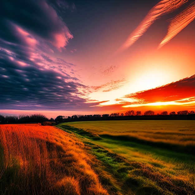 Natural Sunset Sunrise Over Field Or Meadow Bright Dramatic Sky And Dark Ground Countryside Landsc