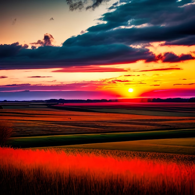 フィールドや牧草地の自然の日没日の出明るい劇的な空と暗い地面田舎の風景