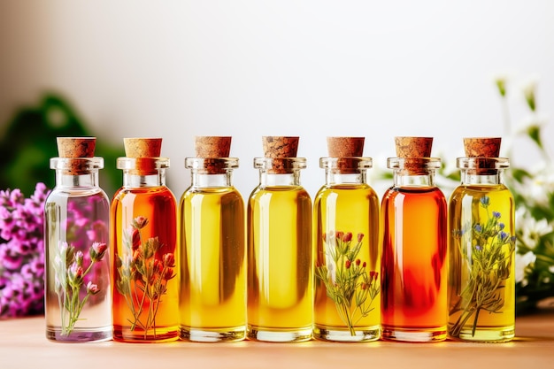 Natural tinctures with wild herbs on wooden table on light background Healing herbs assortment