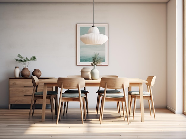 Natural tones grace the dining area with light wood interior AI Generation