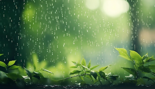 Natural Torrential Rain on Blurred Green Vegetation