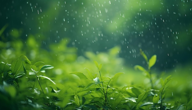 Natural Torrential Rain on Blurred Green Vegetation