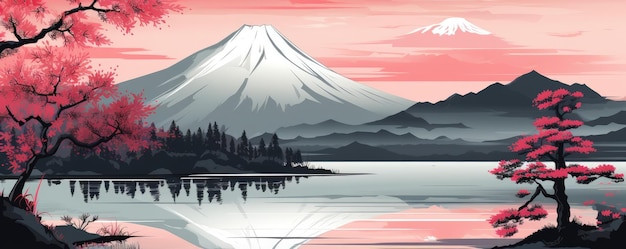 Natural traditional japanese landscape and buildings Fuji Illustration Generative ai