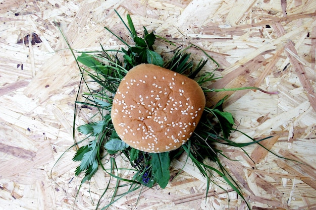 Natural vegan burger, burger with fresh grass. irony about the vegan theme