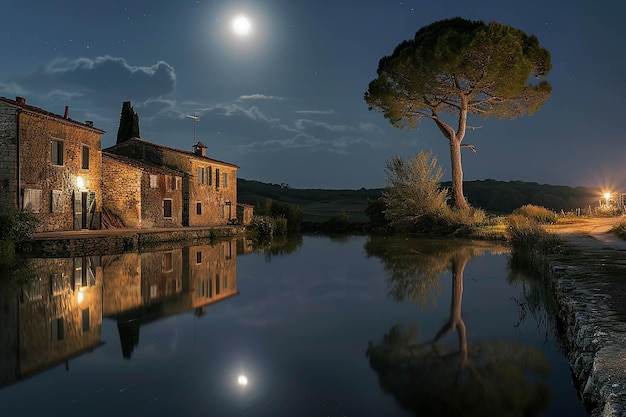 Photo natural view of night village with moon