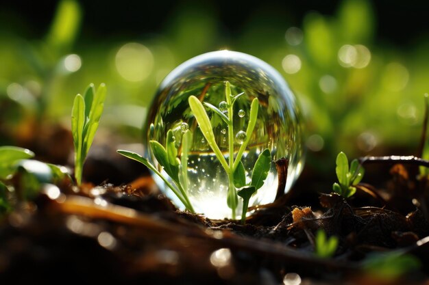 Foto una goccia d'acqua naturale sul terreno e una vegetazione minacciosa fanno da sfondo a questo prodotto