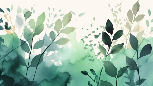 Natural Watercolor Background with Branches and Leaves AI Generation