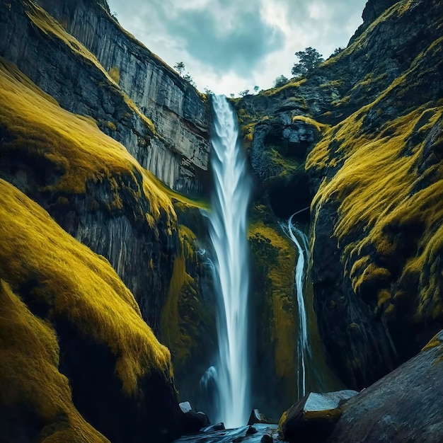Естественный водопад реки через вершину горы