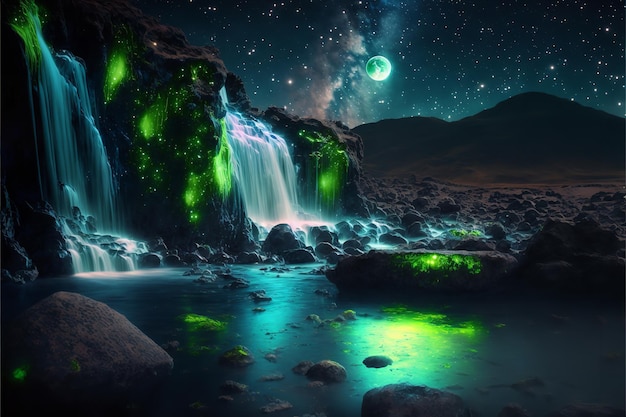 Natural waterfall with rocks and green moss in night Generative Ai