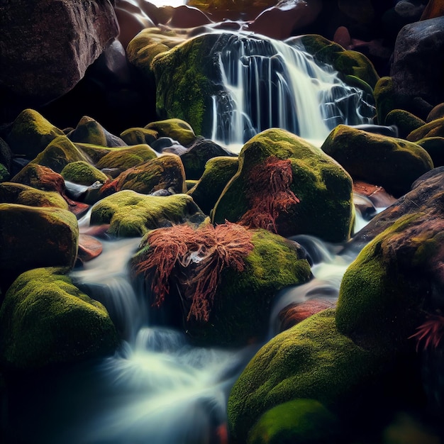 Natural waterfall with rocks and green mossgenerative ai