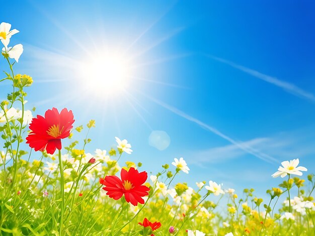 자연의 날씨 배경 봄 꽃 자연의 하늘 파란빛 녹색 인공지능 생성