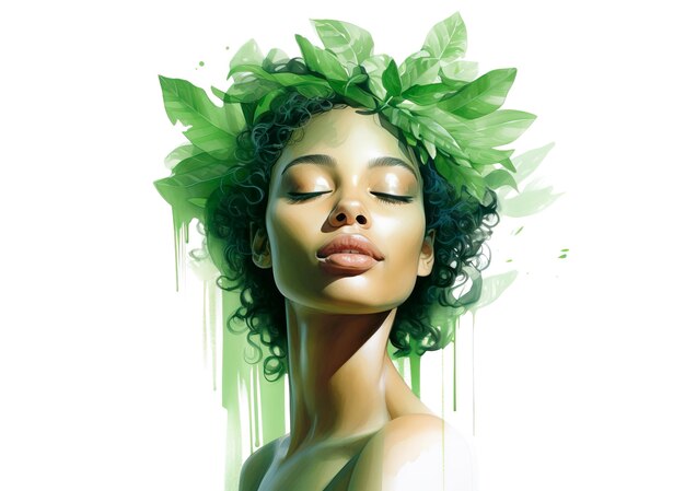 Natural Woman with Green Leaf Crown on Transparent