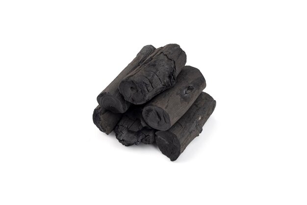 Natural wood charcoal isolated on white background Pile of coal isolated on white background