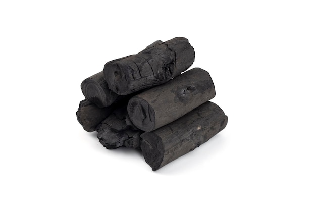 Natural wood charcoal isolated on white background Pile of coal isolated on white background