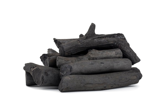 Natural wood charcoal isolated on white background Pile of coal isolated on white background