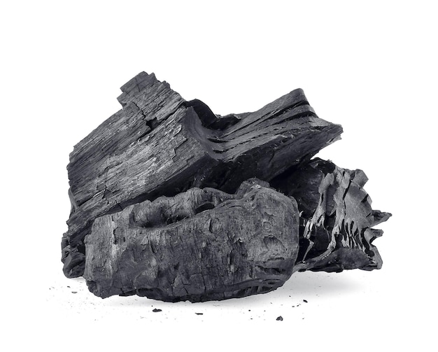 Natural wood charcoal isolated on white background