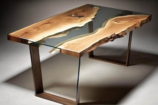 Natural wood dining table with simple glass top and metal legs created with generative ai