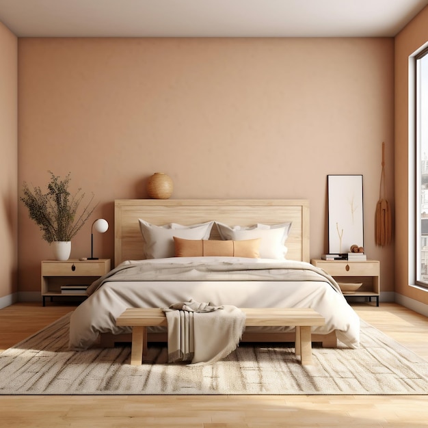 Natural Wood Furniture Bedroom Mockup with Beige Color Scheme Generative AI