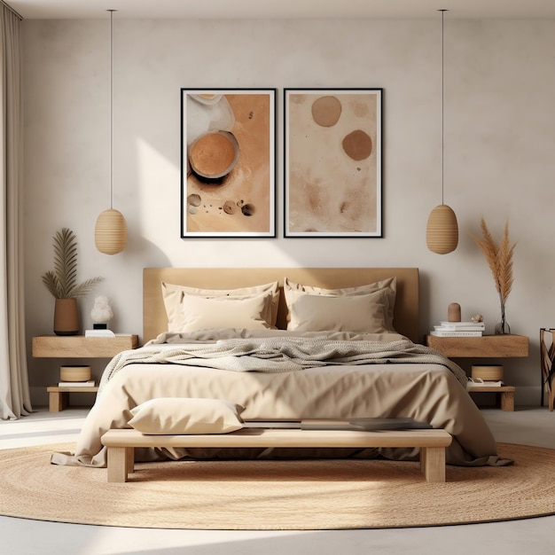 Natural Wood Furniture Bedroom Mockup with Beige Color Scheme Generative AI