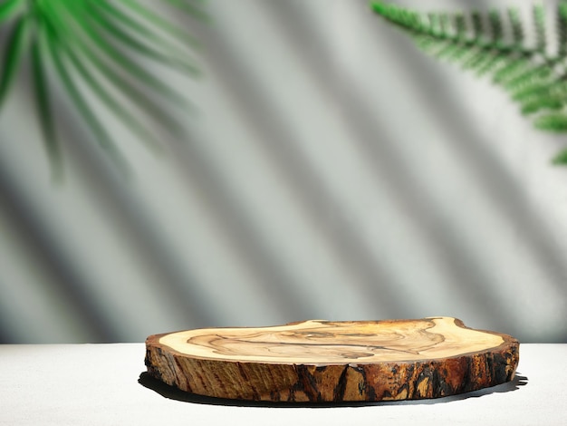 Natural wood podium with palm leaves Mock up for product presentation Large Depth of Field