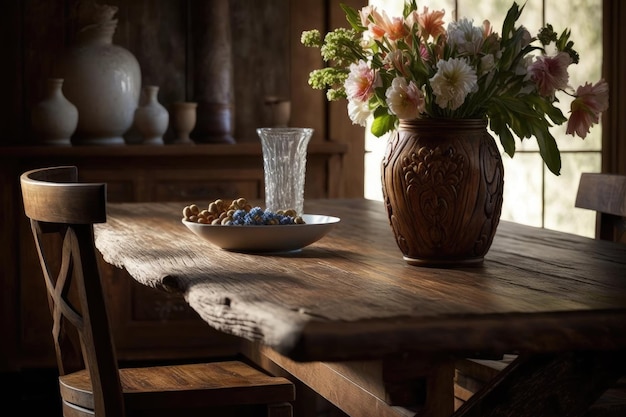 Natural wood table adorned with vase of fresh flowers created with generative ai