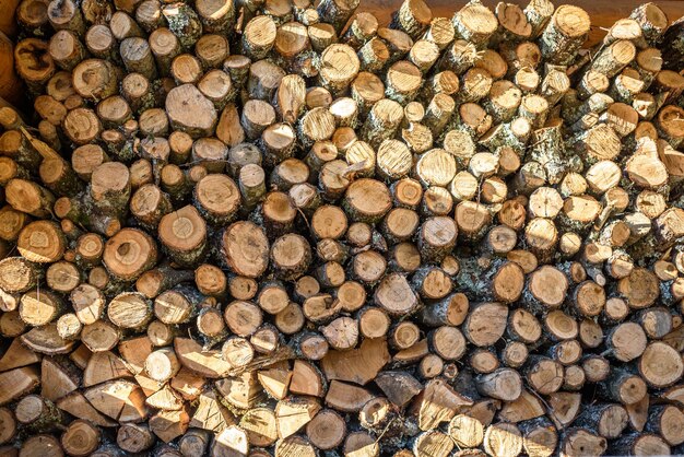 Natural wooden background  closeup of chopped firewood