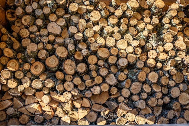 Natural wooden background  closeup of chopped firewood