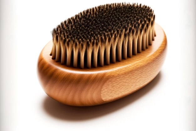 Natural wooden beard brush with bristles isolated on white background