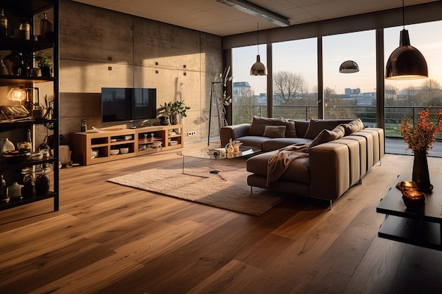 Natural wooden flooring for home interior in a modern house with concrete walls