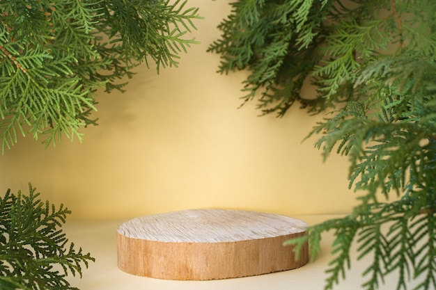 A natural wooden podium on beige background next to branches of green tree