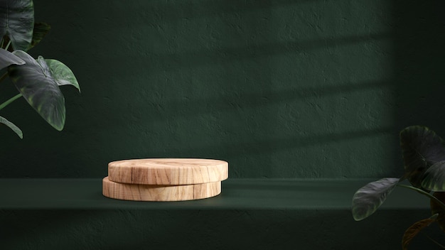 Natural wooden podium in a green room with a shadow on the wall, demonstrative background 3D