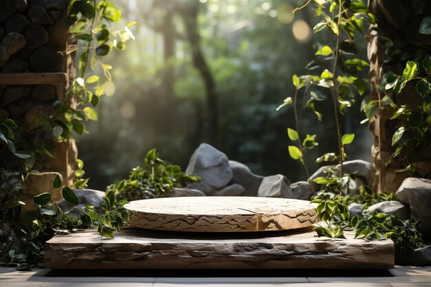 Foto podio in legno naturale per esposizione prodotti davanti al bosco