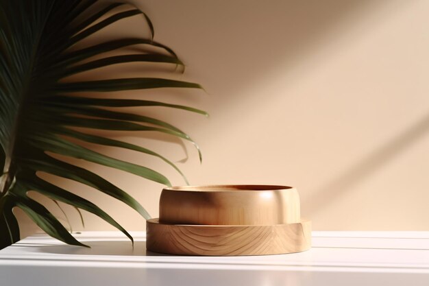 Photo natural wooden tray on white counter with palm shadow ideal for showcasing natural cosmetics produc