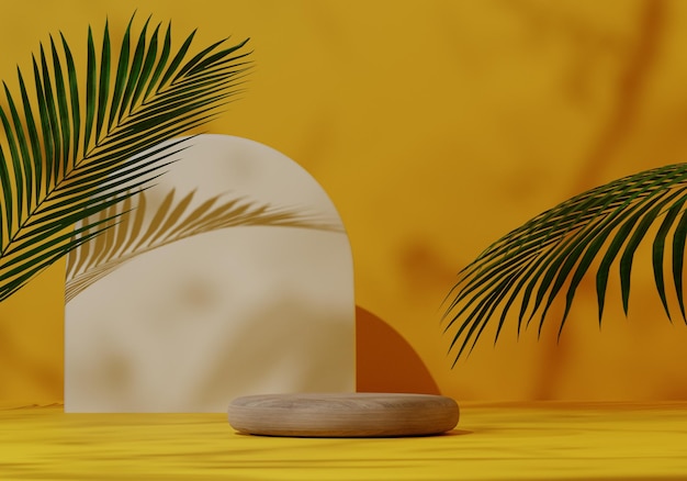 natural yellow backdrop, wood pedestal podium mockup with tropical leaf, empty platform for showcase