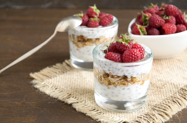Photo natural yogurt with chia seeds and raspberries.