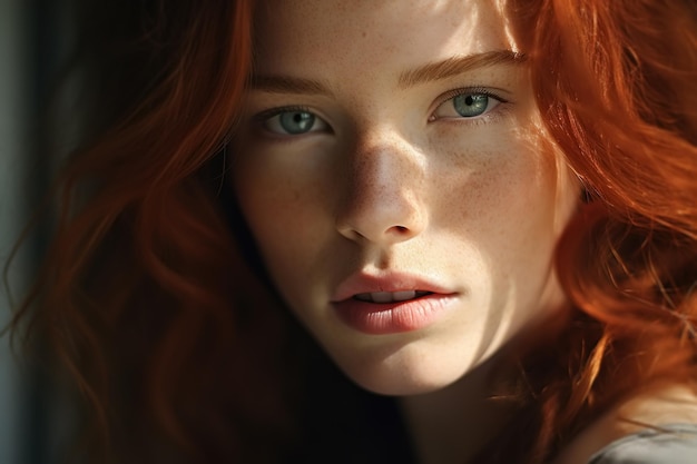写真 自然な青春の美しさの肖像画 魅力的な赤毛の白人の若い女性モデル カメラを見ている