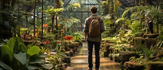 Натуралист с волнением приветствует гостей у дверей зеленого ботанического сада, показывая им чудеса растений и животных.