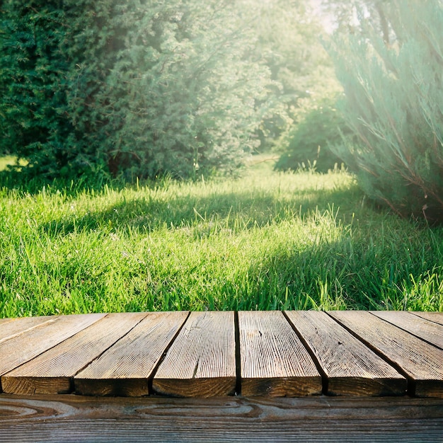 Naturally beautiful Empty wooden table in sunlit garden Rustic charm Wood desk with bright outdoor b