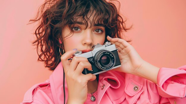 Photo naturally beautiful girl holds a camera fashionable shoot against peach fuzz colored background