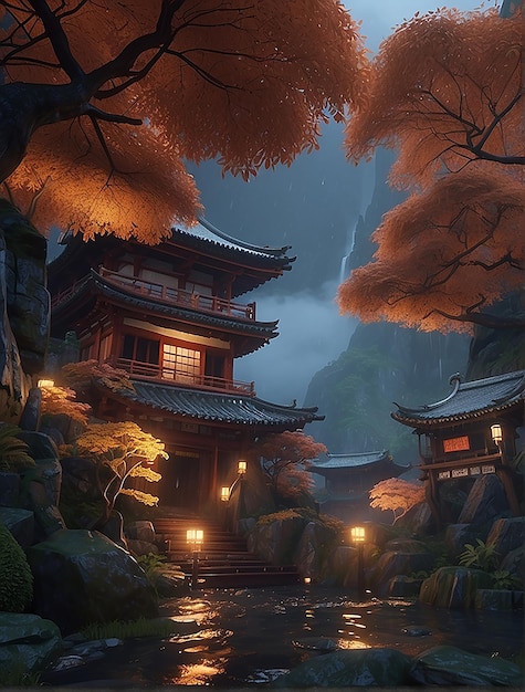 nature of ancient east with river and building autumn fantasy ancient environment line art style