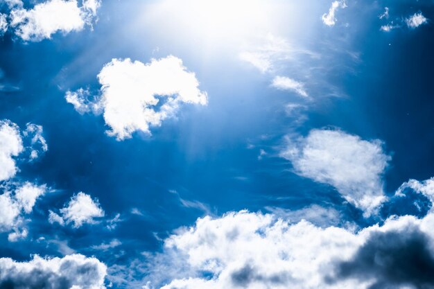 Nature backdrop solar energy and spiritual concept - blue sky background white clouds and bright sunlight