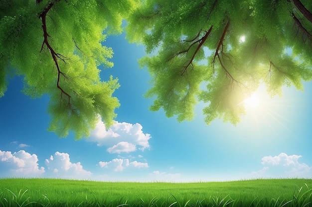 Nature background Clear spring summer landscape with green grass and blue sky