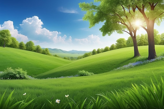 Природный фон Чистый весенний летний пейзаж с зеленой травой и голубым небом