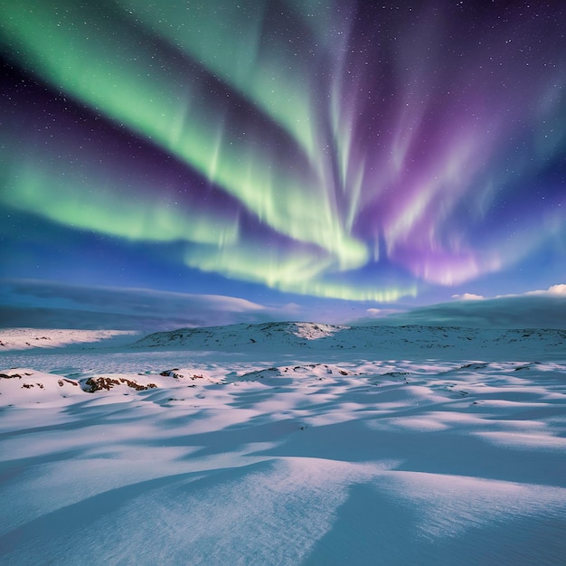 自然の背景 雪に覆われたグリーンランドの北極光