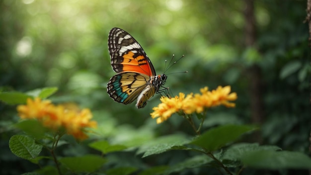 Nature background with a beautiful flying butterfly with green forest