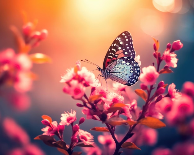 Nature background with flowers and butterfly in spring morning