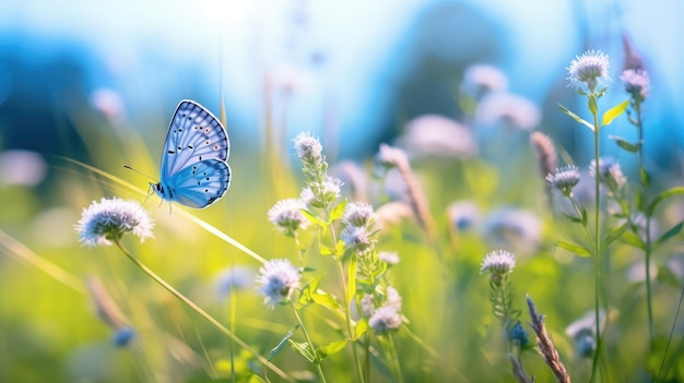 nature background with fly butterfly and lavender flowers with sunlight and bokeh Outdoor nature