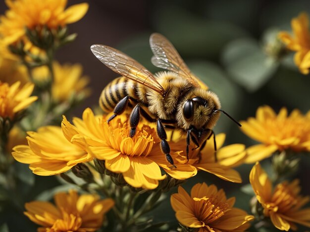 Nature beauty a honey bee on a yellow flower